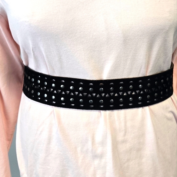 BOHO BLACK SUEDE LEATHER STATEMENT BELT SILVER STUDS LONG FRINGE WOMEN M ITALY - Picture 1 of 12